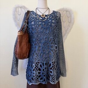 Boho Fairy Grunge Ombre Crochet Knit Sweater Top Blue Gray Tunic Whimsy Twee